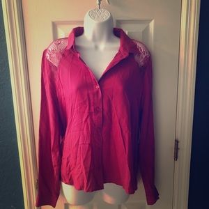 Pink Button Up Collared Blouse Lace Open Back